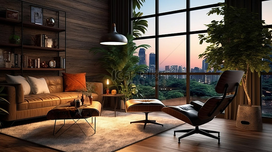 漂亮风景背景图片_时尚的阁楼客厅，享有风景优美的自然景观 3D 渲染，配有深棕色皮椅