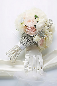 婚纱和手套与一束鲜花