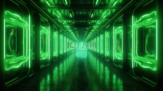 4k 超高清 3D 渲染中的无限霓虹绿色通道