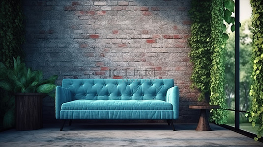 明媚的春天背景图片_现代蓝色沙发坐落在甲板地板上郁郁葱葱的花园中，背景为古董墙 3D 渲染图像