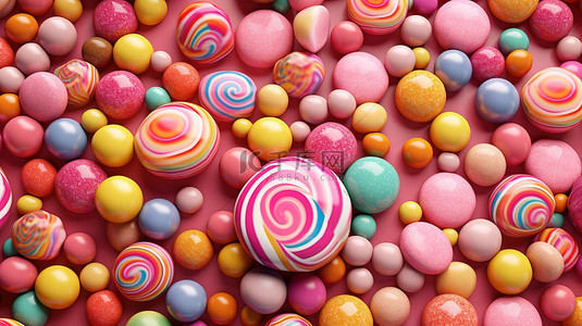 充满活力的糖果以粉色背景 3D 渲染的图案排列