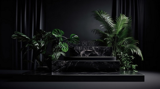 深色 3d 效果图产品展示讲台和植物填充横截面雕像