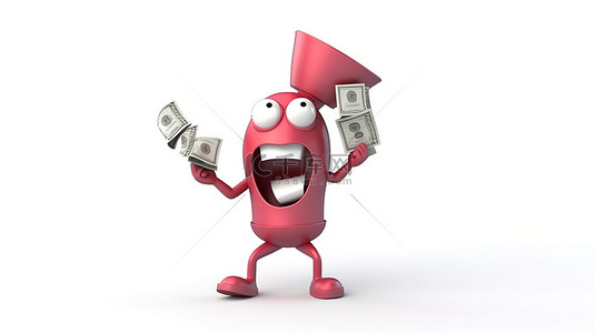 红色复古扩音器吉祥物和白色背景 3D 渲染上的一堆百元大钞