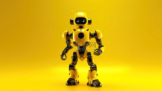 黄色背景以霓虹黄色照亮 3d 渲染的 ai 机器人