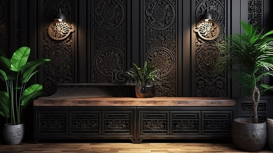 波西米亚风格的 3D 室内场景，两张木制长凳和带有复杂图案的橱柜