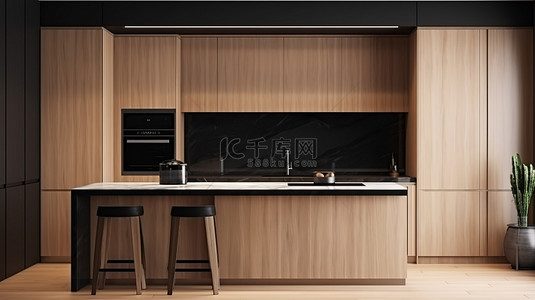 黑色木纹背景图片_带有天然和黑色木纹前面板的现代厨房令人惊叹的 3D 视觉效果