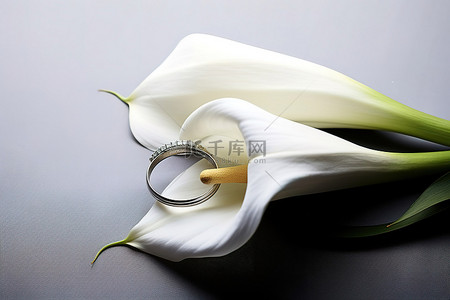 一朵白色马蹄莲和 2 个结婚戒指