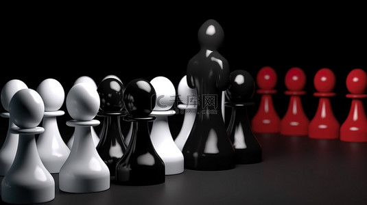 被排斥的棋子 3D 插图描绘了黑色背景中的社会排斥
