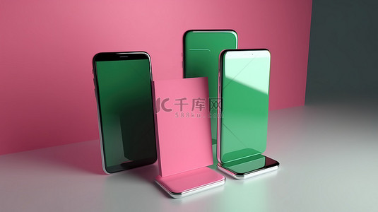 手机绿色背景背景图片_粉红色和绿色智能手机的背景，在 3d 渲染中有一个空白屏幕
