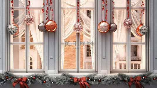 迷人的圣诞装饰装饰着 3D 渲染描绘的关闭的窗户