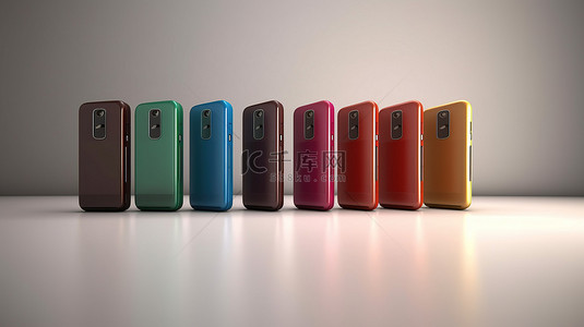 3d 渲染的一排彩色手机