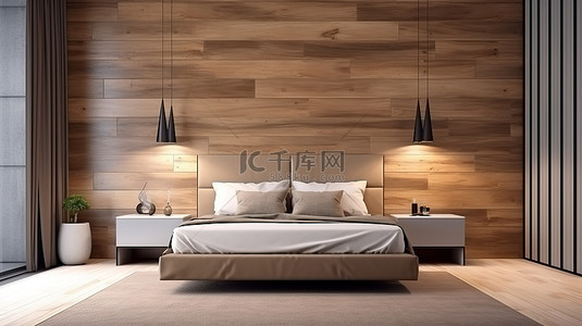 简约的卧室配有墙壁装饰木板棕色内饰以及时尚的咖啡桌和床边的灯 3D 渲染