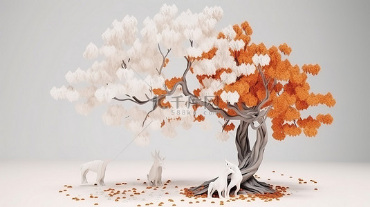 卡通枫树背景图片_秋季万圣节 3D 像素艺术白色干树卡通风格