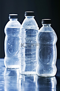 三个塑料瓶饮用水放在平坦的表面上