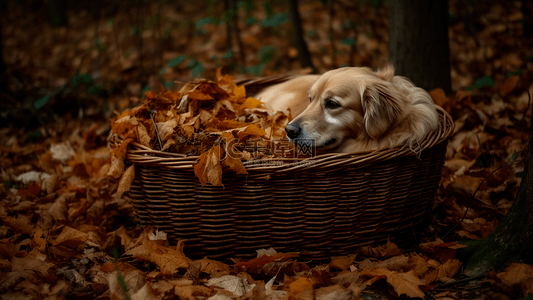 秋天落叶竹篮金毛犬广告背景