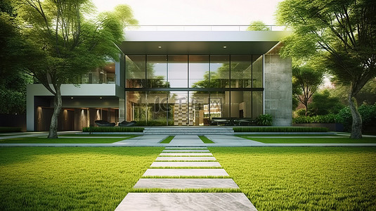 3d 渲染现代住宅与郁郁葱葱的绿色草坪