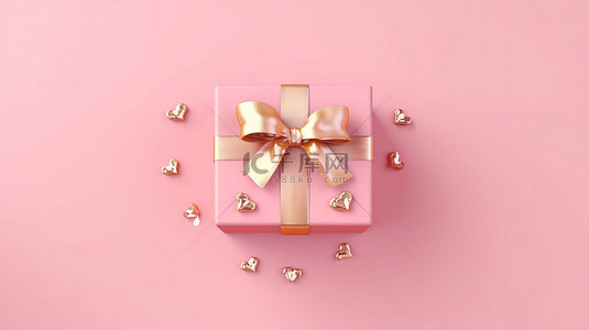 情人节金背景图片_心形顶粉色礼盒，饰有金色丝带，非常适合爱情主题购物销售，3D 渲染粉色背景上的顶部视图