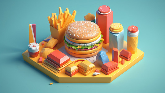 卡通汉堡背景图片_薯条食物快餐3d背景