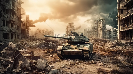 被破坏的世界背景图片_战争蹂躏的城市景观与军用坦克 3D 渲染