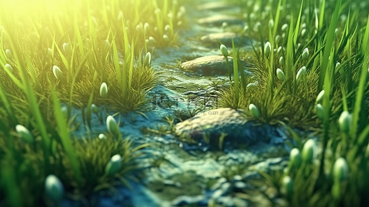 春天科技背景图片_草坪上的痕迹 生态友好概念的 3D 艺术插图