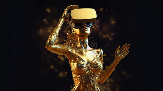 金色魅力和虚拟现实眼镜中女性雕像的元宇宙概念 3D 渲染