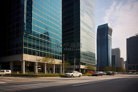 街道上的大型办公楼和车辆