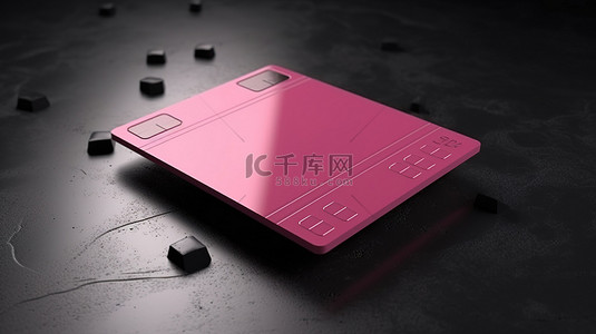 背景黑色粉色背景图片_光滑黑色混凝土背景上粉色信用卡模板的 3D 插图