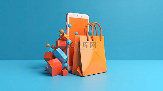 网店横幅背景图片_蓝色孤立背景横幅上的 3d 渲染橙色智能手机充满活力的购物狂潮