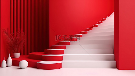 红色房间背景图片_充满活力的红色房间 3d 渲染中的极简主义白色楼梯
