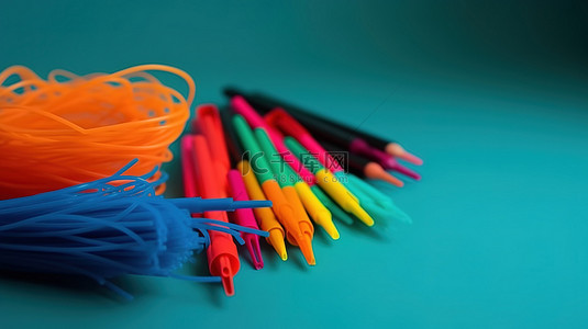 家教室背景图片_蓝色桌子上显示充满活力的塑料丝和 3d 笔