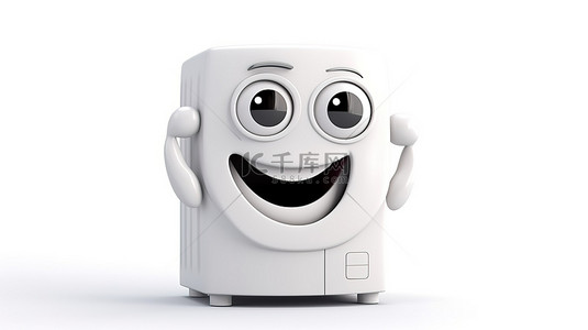 白色背景上带有可充电电池的现代白色洗衣机吉祥物的 3D 渲染