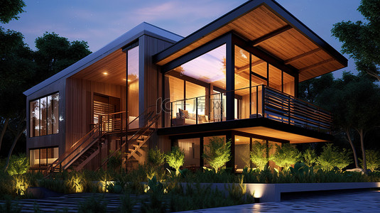别墅夜间背景图片_当代木屋建筑概念的夜间 3D 插图