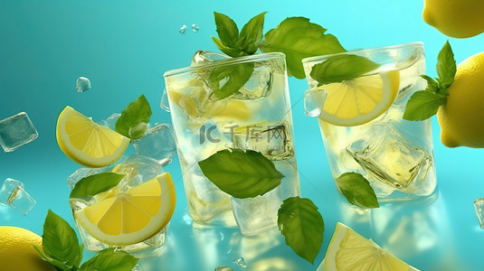 清爽饮料，配有掉落的柠檬片冰块和薄荷叶 3D 渲染