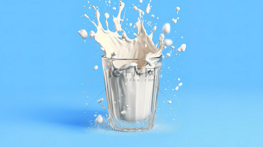 蓝色背景下牛奶溅入玻璃杯的高质量 3D 插图，带有独立元素