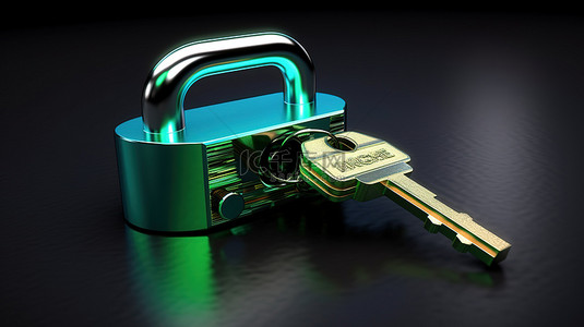 金属钥匙和安全锁 3D 渲染蓝色和绿色挂锁，带钥匙孔
