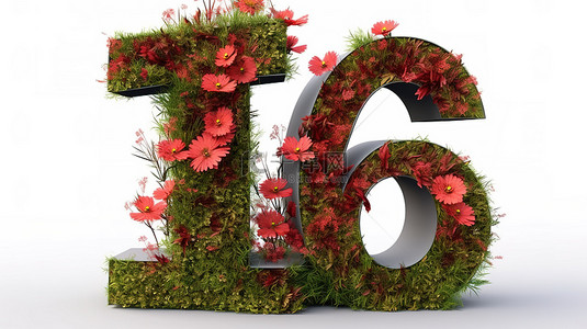 六号的孤立 3D 渲染，有红色的花朵和郁郁葱葱的绿草