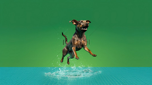 一只棕色狗跳进绿色背景池的 3D 渲染
