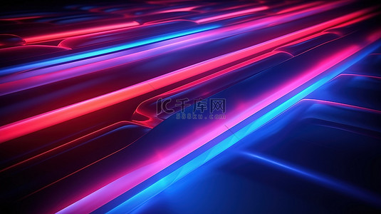 红色的条纹背景图片_抽象空间的 3D 渲染，带有蓝色和红色霓虹灯条纹，由未来能量照亮