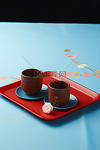 茶具茶具logo背景图片_托盘上的蓝色杯子