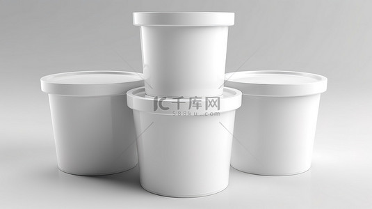 时尚的白色包装容器，用于在干净的背景上提供美味的酸奶冰淇淋和甜点 3D 渲染