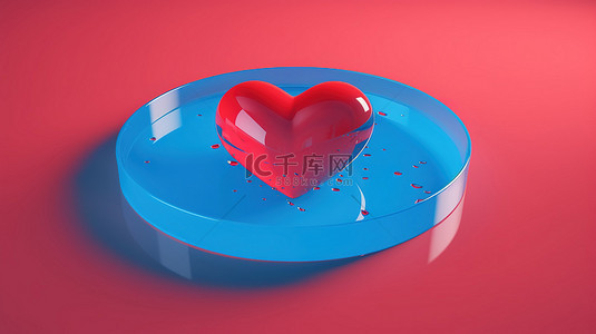 漂浮在蓝色圆孔背景上的红色水晶心的简约 3D 渲染是现代爱情的象征