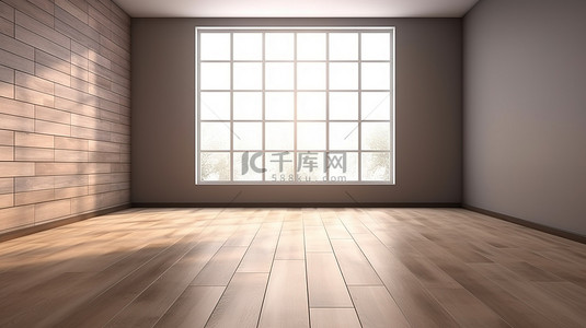 现代极简主义 3d 渲染一个光秃秃的房间，有小瓷砖墙和窗户阴影强调的木质复合地板