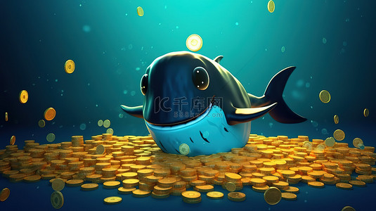 游泳的鲸鱼背景图片_卡通鲸鱼与比特币和复制空间一起游泳的 3D 插图