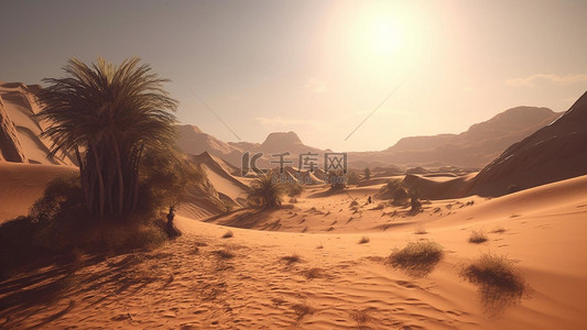 水彩热带树背景图片_热带沙漠沙尘树
