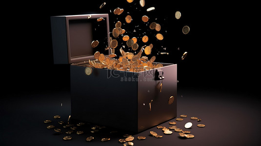 爆炸性钱币从盒子中爆出的插图，象征着捐款钱罐和 3D 渲染中的储蓄