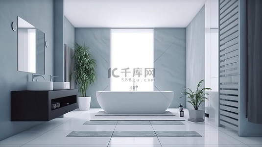 带玻璃隔断和浴缸的时尚现代浴室 3D 简约设计