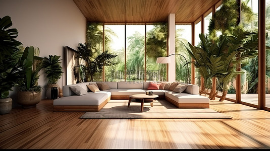 室内居家白墙背景图片_1 3D 插图展示了具有开放式平面图的热带房屋的室内设计