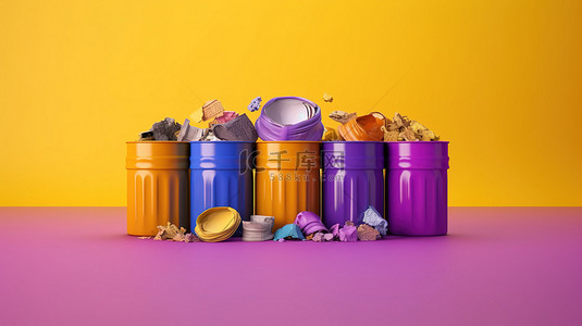 回收概念 3D 渲染紫色和黄色背景上的各种垃圾