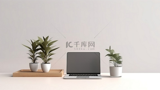 它背景图片_笔记本电脑植物的顶视图 3D 渲染，它和桌子上的白色表面