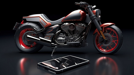 商店手机背景图片_3d 渲染中的摩托车和智能手机
